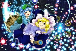Rule 34 | 2girls, backpack, bag, blonde hair, blue capelet, blue dress, blue eyes, blue footwear, blue hair, blue headwear, blue shirt, blue skirt, blush stickers, boots, bow, broom, broom riding, capelet, collared shirt, commentary request, danmaku, dress, flat cap, frilled capelet, frilled dress, frilled shirt collar, frills, full body, green headwear, grin, hair bobbles, hair bow, hair ornament, hat, hat bow, hexagram, highres, kawashiro nitori, key, kirisame marisa, long hair, long sleeves, looking at another, medium hair, multiple girls, open mouth, parasite oyatsu, parody, rubber boots, shirt, shoes, skirt, sky, smile, star (sky), star (symbol), starry sky, style parody, touhou, two side up, white bow, white shirt, witch hat, yellow eyes, zun (style)