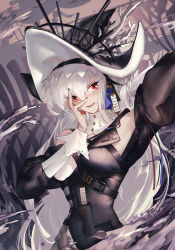 Rule 34 | 1girl, :d, absurdres, arknights, arm up, armpits, barefoot, between breasts, black dress, black headwear, blush, breasts, clothing cutout, covered navel, cowboy shot, dress, fang, frilled dress, frills, grey hair, hand on own face, highres, large breasts, long hair, long sleeves, open mouth, pelvic curtain, red eyes, shoulder cutout, shoulder strap, smile, solo, sosiick, specter (arknights), specter the unchained (arknights), v-shaped eyebrows, very long hair