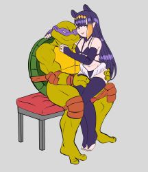 Rule 34 | 1boy, 1girl, alternate costume, bench, crossover, donatello (tmnt), elbow gloves, gloves, highres, hololive, hololive english, long hair, looking at viewer, low wings, mask, multicolored hair, navel, ninomae ina&#039;nis, peagade, pointy ears, purple hair, shell, sitting, sitting on lap, sitting on person, teenage mutant ninja turtles, tentacle hair, thighhighs, turtle, virtual youtuber, wings