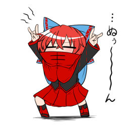 Rule 34 | 1girl, = =, \m/, \n/, arms up, bad id, bad pixiv id, black shirt, blue bow, blush, bow, cape, chibi, covered mouth, closed eyes, female focus, flat color, full body, hair bow, high collar, long sleeves, red hair, red skirt, sekibanki, shirt, short hair, skirt, solo, sumiya nadateru, touhou, white background