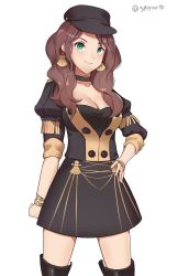 Rule 34 | 1girl, black hat, breasts, brown hair, cleavage, closed mouth, dorothea arnault, earrings, fire emblem, fire emblem: three houses, green eyes, hat, highres, jewelry, large breasts, long hair, looking at viewer, nintendo, short sleeves, simple background, smile, solo, spiffydc, standing, twitter username, uniform, white background