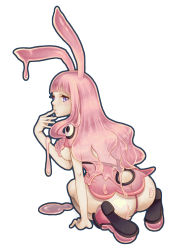 Rule 34 | 1girl, animal ears, ass, blue eyes, blush, breasts, female focus, full body, highres, melona (queen&#039;s blade), melona (queen's blade), monster girl, natsucos, pink hair, prehensile hair, protean assassin melona, queen&#039;s blade, rabbit ears, simple background, slime (substance), slime girl, solo, white background