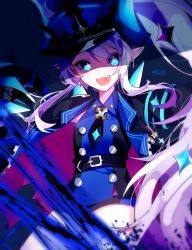 Rule 34 | 1girl, :d, absurdres, bad id, bad pixiv id, belt, black coat, black necktie, blue background, blue dress, blue eyes, blue hat, coat, cowboy shot, dress, elsword, hat, highres, long hair, looking at viewer, luciela r. sourcream, miniskirt, necktie, open mouth, patzzi, pointy ears, short shorts, shorts, signature, simple background, skirt, smile, solo, spikes, timoria (elsword), twintails, white hair