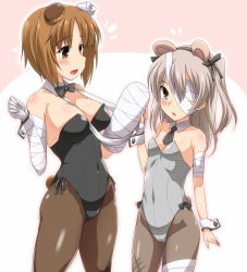 Rule 34 | 10s, 2girls, animal ears, bandage over one eye, bandages, bear ears, black leotard, black neckwear, boko (girls und panzer), boko (girls und panzer) (cosplay), bow, bowtie, breasts, brown eyes, brown hair, brown legwear, cosplay, covered navel, cowboy shot, detached collar, fake animal ears, girls und panzer, grey leotard, leotard, light brown hair, long hair, medium breasts, multiple girls, necktie, nishizumi miho, nontraditional playboy bunny, pantyhose, pink background, playboy bunny, shimada arisu, short hair, side ponytail, small breasts, standing, strapless, strapless leotard, traditional bowtie, two-tone background, white background, wrist cuffs, yoshi tama