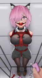 Rule 34 | 1girl, animal ears, arms behind back, bdsm, black collar, black dress, black pantyhose, bondage, bound, bound arms, bound legs, bralines, breast bondage, collar, crotch rope, dress, drooling, fake animal ears, fate/grand order, fate (series), gag, gagged, glasses, hair over one eye, harris hero, highres, hitachi magic wand, indoors, mash kyrielight, necktie, panties, panties under pantyhose, pantyhose, purple eyes, purple hair, red rope, remote control vibrator, rope, sex toy, shibari, shibari over clothes, short hair, slave, solo focus, standing, underwear, vibrator, white panties