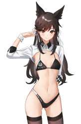Rule 34 | 1girl, absurdres, alternate breast size, animal ear fluff, arm up, atago (azur lane), atago (stunning speedster) (azur lane), azur lane, bikini, black bikini, blush, breasts, brown hair, brown thighhighs, closed mouth, company logo, cowboy shot, gluteal fold, highres, long sleeves, looking at viewer, mole, mole under eye, navel, red eyes, shouz, shrug (clothing), simple background, small breasts, smile, stomach, swept bangs, swimsuit, thighhighs, twitter username, white background, wrist cuffs, yostar