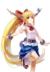 Rule 34 | 1girl, 77gl, alternate hairstyle, arm garter, armpits, bad id, bad twitter id, blonde hair, bracelet, brown eyes, female focus, gourd, horns, ibuki suika, jewelry, leg up, long hair, outstretched arms, pointy ears, ponytail, shirt, sidelocks, simple background, skirt, sleeveless, sleeveless shirt, smile, solo, spread arms, standing, standing on one leg, touhou, very long hair, white background