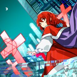 Rule 34 | braid, cape, capelet, crescent, cross, hexagram, kaigen 1025, long braid, looking at viewer, okazaki yumemi, phantasmagoria of dim.dream, red capelet, red eyes, red hair, red skirt, red vest, science fiction, skirt, touhou, touhou (pc-98), vest