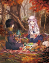 Rule 34 | 2girls, alternate costume, apple, autumn leaves, baguette, black hair, blanket, blue skirt, blush, book, bowl, bread, brown eyes, cardigan, character request, coffee, coffee mug, crescent, crescent pin, cup, food, fruit, grapes, grass, hat, highres, holding, holding cup, jar, katana, kettle, knife, kouka (mrakano5456), light purple hair, long hair, looking at another, mug, multiple girls, nature, open cardigan, open clothes, open mouth, orange (fruit), orange slice, outdoors, pancake, patchouli knowledge, picnic, picnic basket, pitcher (container), plate, purple eyes, purple hair, salad, scarf, seiza, sheath, sheathed, short hair, sitting, skirt, smile, striped clothes, striped skirt, sword, touhou, tree, vertical-striped clothes, vertical-striped skirt, weapon, white hat, yellow scarf