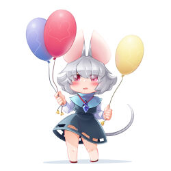Rule 34 | 1girl, animal ears, balloon, bbb (33kudo), blue capelet, blush, capelet, commentary request, crystal, eyes visible through hair, flat chest, full body, grey hair, grey panties, grey skirt, grey vest, hair between eyes, highres, holding, holding balloon, jewelry, long sleeves, looking at viewer, medium bangs, mouse ears, mouse girl, mouse tail, nazrin, open mouth, panties, pendant, red eyes, shirt, short hair, simple background, skirt, solo, standing, tail, touhou, underwear, vest, white background, white shirt