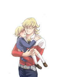 Rule 34 | 10s, 2boys, aged down, barnaby brooks jr., belt, blonde hair, child, dual persona, glasses, holding, hug, jacket, jewelry, male focus, multiple boys, muraeri1204, necklace, necktie, red jacket, short hair, shorts, simple background, studded belt, tears, tiger &amp; bunny, time paradox, white background