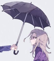 Rule 34 | 2boys, black umbrella, blonde hair, from side, grey background, highres, holding, holding umbrella, hwr33m, jacket, long hair, long sleeves, looking at another, makoto kagutsuchi, male focus, master detective archives: rain code, multiple boys, open mouth, out of frame, profile, purple jacket, simple background, spoilers, umbrella, upper body, wet, yuma kokohead