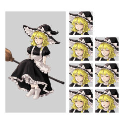 Rule 34 | 1girl, angry, apron, black dress, blonde hair, bobby socks, border, bow, braid, broom, broom riding, closed mouth, commentary request, dress, expression chart, closed eyes, frilled apron, frilled dress, frilled hat, frills, grey border, happy, hat, hat bow, highres, hoshiringo0902, kirisame marisa, lips, long hair, looking at viewer, open mouth, puffy short sleeves, puffy sleeves, sad, short sleeves, side braid, simple background, single braid, smile, socks, solo, standing, surprised, touhou, v-shaped eyebrows, white apron, white background, white bow, white socks, witch, witch hat, yellow eyes