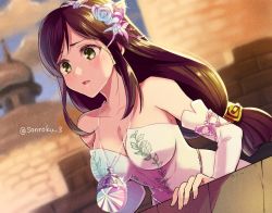 Rule 34 | 1girl, asymmetrical bangs, bare shoulders, blush, breasts, brick wall, brown hair, castle, cleavage, collarbone, detached sleeves, dress, final fantasy, final fantasy ix, flower, garnet til alexandros xvii, green eyes, hair flower, hair ornament, jewelry, large breasts, leaning over, long hair, looking to the side, low-tied long hair, parted lips, pendant, sanroku 3, solo, strapless, strapless dress, white dress