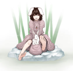 Rule 34 | 1girl, animal ears, barefoot, black hair, rabbit, rabbit ears, feet, female focus, full body, inaba tewi, konton, nature, outdoors, red eyes, short hair, soles, solo, toes, touhou, white background