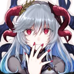 Rule 34 | 1girl, curled horns, fire emblem, fire emblem heroes, freyja (fire emblem), goat horns, grey hair, hair ornament, highres, horns, long hair, looking at viewer, misato hao, nail polish, nintendo, portrait, red eyes, red horns, red nails, signature, smile, solo