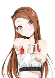 Rule 34 | 1girl, :o, @ichigo, absurdres, bare shoulders, blush, bow, brown hair, dress, foreshortening, hair bow, hairband, highres, idolmaster, idolmaster (classic), long hair, looking at viewer, minase iori, open mouth, outstretched arms, red eyes, simple background, solo, teeth, tsurime, white background