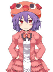 Rule 34 | 1girl, blush, dress, hands on own hips, hat, lock heart (juuryokudou), original, purple hair, red eyes, simple background, smile, solo, white background