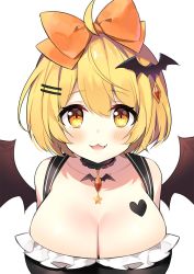 Rule 34 | 1girl, ahoge, ayamy, bat hair ornament, blonde hair, blush, bow, breasts, cleavage, fang, hair bow, hair ornament, hairclip, heart, heart-shaped pupils, heart in eye, highres, hololive, jewelry, large breasts, looking at viewer, open mouth, orange bow, short hair, simple background, solo, symbol-shaped pupils, symbol in eye, virtual youtuber, white background, yellow eyes, yozora mel, yozora mel (2nd costume)
