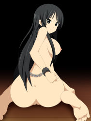 Rule 34 | 1girl, akiyama mio, anus, ass, back, barefoot, bdsm, black eyes, black hair, bondage, bound, bound wrists, breasts, censored, chain, chained, chained wrists, closed mouth, completely nude, cuffs, feet, grey eyes, highres, k-on!, large breasts, long hair, looking back, minarui, mosaic censoring, nipples, nude, pussy, simple background, sitting, solo, toes, wooden floor, wrist cuffs