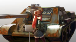 Rule 34 | 1girl, breasts, envada, hammer and sickle, hat, jacket, long hair, military, military vehicle, motor vehicle, original, red eyes, red hair, shorts, su-85, tank, tank destroyer, weapon