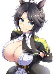 Rule 34 | 1girl, ahoge, animal ears, arm behind back, black gloves, black hair, black jacket, black necktie, blue eyes, breasts, center frills, cleavage, closed mouth, collared shirt, commentary request, cowboy shot, ear ornament, ear piercing, frilled shirt, frills, fuji kiseki (umamusume), gloves, highres, horse ears, horse girl, jacket, large breasts, light blush, long sleeves, looking at viewer, multicolored hair, necktie, open clothes, open jacket, pataneet, piercing, shirt, short hair, sidelocks, simple background, smile, solo, standing, umamusume, unbuttoned, unbuttoned shirt, underbust, white background, white hair, white shirt
