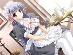 Rule 34 | 00s, 1girl, apron, blue hair, blush, breasts, chair, cleavage, cookie, cup, detached collar, dress, dutch angle, food, frilled apron, frilled thighhighs, frills, game cg, gloves, indoors, large breasts, long hair, looking at viewer, maid, maid apron, maid headdress, navel (company), nerine, parted lips, pointy ears, pot, puffy short sleeves, puffy sleeves, red eyes, ribbon-trimmed headwear, ribbon-trimmed legwear, ribbon trim, short sleeves, shuffle!, sidelocks, sitting, solo, suzuhira hiro, table, thighhighs, very long hair, white gloves, white thighhighs