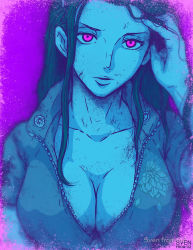 Rule 34 | 1girl, artist name, blue theme, breasts, cleavage, tucking hair, large breasts, leather vest, limited palette, lips, long hair, looking at viewer, monochrome, nico robin, one piece, parted lips, purple theme, scratches, serious, solo, sven from oz, textless version, vest, watermark