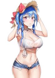 Rule 34 | 1girl, :o, alternate costume, armpits, azur lane, bad id, bad pixiv id, bare arms, bare shoulders, bikini, bikini under clothes, blue hair, blush, breasts, cleavage, commentary request, cowboy shot, denim, denim shorts, halterneck, hat, highres, large breasts, looking at viewer, md5 mismatch, navel, open mouth, purple eyes, resolution mismatch, see-through, shirt, short shorts, shorts, sidelocks, simple background, solo, st. louis (azur lane), straw hat, sun hat, swimsuit, tied shirt, white background, yayoichi (yoruyoru108)