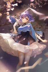 Rule 34 | 1girl, blue dress, branch, brown eyes, commentary request, dress, hair ornament, hair ribbon, highres, looking at viewer, masterwork apocalypse, medium hair, orry, petals, purple hair, ribbon, solo, thighhighs, tree, white thighhighs
