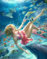 Rule 34 | 1girl, bikini, bikini skirt, breasts, brown eyes, bubble, coral, dolphin, fish, front-tie top, full body, highres, jeremy chong, light brown hair, lips, medium breasts, nose, parted lips, pink bikini, school of fish, short hair, solo, stingray, submerged, swimming, swimsuit, underwater, water