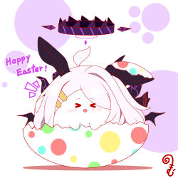Rule 34 | &gt; &lt;, :d, ahoge, animal ears, black wings, blue archive, blush, chibi, closed eyes, colored shadow, eggshell, facing viewer, grey hair, hair ornament, hairclip, halo, happy easter, highres, hina (blue archive), horns, kurukurumagical, long hair, notice lines, open mouth, parted bangs, rabbit ears, shadow, simple background, single hair intake, smile, solo, very long hair, white background, wings, xd
