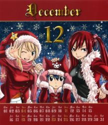 Rule 34 | 3girls, animal hat, blonde hair, blue hair, brown eyes, calendar, cat hat, christmas, december, erza scarlet, fairy tail, fur trim, hand on head, hand on own hip, hat, hat with ears, hip focus, long hair, lucy heartfilia, mashima hiro, mittens, multiple girls, official art, one eye closed, headpat, red hair, red theme, santa costume, santa hat, scarf, side ponytail, snow, snowflakes, wendy marvell, wink