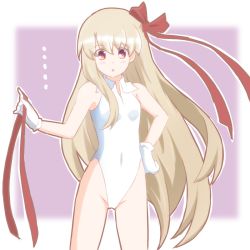 Rule 34 | ..., 1girl, :o, atair, bare shoulders, bb (fate), bb (fate) (all), bb (swimsuit mooncancer) (fate), bb (swimsuit mooncancer) (fate) (cosplay), bb (swimsuit mooncancer) (third ascension) (fate), blonde hair, breasts, commentary request, cosplay, fate/grand order, fate/kaleid liner prisma illya, fate (series), gloves, hair ribbon, hand on own hip, highleg, highleg leotard, holding, holding ribbon, illyasviel von einzbern, legs apart, leotard, long hair, looking at viewer, outline, purple background, red ribbon, ribbon, simple background, small breasts, solo, very long hair, white gloves, white leotard, white outline