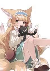 Rule 34 | 1girl, absurdres, animal, animal ears, arknights, ayaha 4780828, black cat, blue dress, blue hairband, brown bag, brown hair, cardigan, cat, coat, dress, fox ears, fox girl, fox tail, frilled hairband, frills, green eyes, hair down, hairband, highres, holding, holding animal, holding cat, kitsune, leg up, long hair, looking at viewer, luo xiaohei, multicolored hair, multiple tails, official alternate costume, open cardigan, open clothes, open coat, shoes, simple background, sitting, socks, solo, streaked hair, suzuran (arknights), suzuran (spring praise) (arknights), tail, luo xiaohei zhanji, white background, white cardigan, white hair, white socks