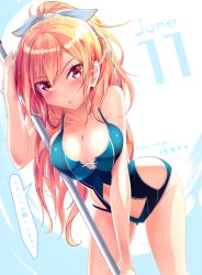 Rule 34 | 1girl, ange vierge, blush, breasts, cleavage, hair ribbon, haruka natsuki, june, large breasts, long hair, looking at viewer, one-piece swimsuit, orange hair, original, ponytail, ribbon, solo, staff, swimsuit, translated