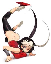 Rule 34 | 1girl, ass, bad id, bad tumblr id, balancing, black hair, breast press, breasts, butt crack, cup, feather hair ornament, feathers, feng (skullgirls), hair ornament, handstand, highres, large breasts, looking at viewer, multicolored hair, sakazuki, skullgirls, slugbox, solo, two-tone hair, upside-down, white hair