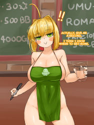 Rule 34 | 1girl, ahoge, apron, blonde hair, blush, breasts, english text, fate/grand order, fate (series), green eyes, highres, iced latte with breast milk (meme), long hair, looking at viewer, meme, naked apron, nero claudius (fate), nero claudius (fate) (all), smile, solo, steamingtofu