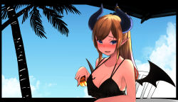 Rule 34 | 1girl, blonde hair, blue eyes, blush, breasts, chair, cleavage, demon horns, demon wings, glass, hololive, horns, large breasts, long hair, open mouth, palm tree, pointy ears, ponytail, smile, solo, table, tenbin gashira, tree, upper body, virtual youtuber, wings, yuzuki choco, yuzuki choco (hololive summer 2019)