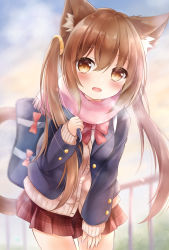 Rule 34 | 1girl, animal ear fluff, animal ears, bad id, bad pixiv id, bag, bent over, blue bag, blue jacket, blurry, blurry foreground, blush, bow, bowtie, brown hair, cardigan, cat ears, cat girl, cat tail, checkered clothes, checkered skirt, cold, cowboy shot, day, eyes visible through hair, fog, hair between eyes, hair over shoulder, hand on own thigh, hand up, highres, holding, holding bag, jacket, kata rosu, long hair, looking at viewer, miniskirt, open clothes, open jacket, open mouth, orange eyes, orange scrunchie, original, outdoors, pink cardigan, pink scarf, pleated skirt, red bow, red bowtie, red skirt, scarf, school bag, school uniform, scrunchie, serafuku, skirt, solo, standing, suit jacket, tail, tail raised, twintails