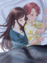 Rule 34 | 2girls, absurdres, animal print, bed sheet, bird print, blanket, blue pajamas, breasts, brown hair, cleavage, closed eyes, closed mouth, collarbone, commentary request, commission, fingernails, hair down, hair spread out, hand on another&#039;s stomach, hands up, highres, isurugi futaba, light blush, light smile, long hair, long sleeves, medium breasts, multiple girls, pajamas, parted bangs, parted lips, pillow, pink hair, pixiv commission, print pajamas, profile, shade, short hair, short sleeves, shoujo kageki revue starlight, shroomia, side-by-side, sidelocks, sleeping, sunlight, tendou maya, under covers, upper body, yellow pajamas, yuri