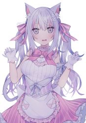 Rule 34 | 1girl, animal ear fluff, animal ears, apron, bare shoulders, bow, breasts, cat ears, cat girl, cat tail, commentary request, ear piercing, fangs, frilled apron, frilled skirt, frills, gloves, grey eyes, hair between eyes, hair bow, hair ornament, hands up, long hair, looking at viewer, medium breasts, minamiya mia, multicolored hair, open mouth, original, piercing, pink bow, pink hair, pink skirt, shirt, silver hair, skirt, sleeveless, sleeveless shirt, solo, streaked hair, striped bow, striped clothes, striped skirt, tail, twintails, vertical-striped clothes, vertical-striped skirt, very long hair, waist apron, wavy mouth, white apron, white gloves, white shirt