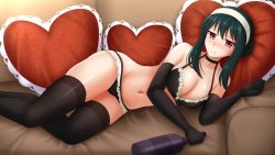 Rule 34 | 1girl, :t, black bra, black choker, black gloves, black hair, black panties, black thighhighs, blush, bottle, bra, breasts, choker, couch, cushion, elbow gloves, feet out of frame, frilled bra, frilled panties, frills, full-face blush, gloves, hairband, heart, heart-shaped pillow, highres, holding, holding bottle, kazenokaze, large breasts, lingerie, looking at viewer, lying, medium hair, navel, on couch, on side, panties, pillow, pout, red eyes, sidelocks, solo, spy x family, thighhighs, thighs, underwear, underwear only, white hairband, wine bottle, yor briar