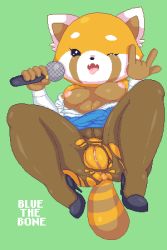 Rule 34 | 10s, 1girl, aggressive retsuko, animal ears, anus, artist name, black eyes, black footwear, black pantyhose, blue skirt, bluethebone, breasts, clothes lift, fangs, female focus, full body, furry, furry female, green background, hands up, high heels, holding, knees up, long sleeves, looking at viewer, m/, medium breasts, microphone, nipples, no bra, off shoulder, one eye closed, open mouth, panda ears, panda tail, pantyhose, pixel art, pussy, retsuko, shirt, shoes, signature, simple background, sitting, skirt, skirt lift, solo, spread legs, tail, tongue, tongue out, torn clothes, torn pantyhose, uncensored, white shirt, wink