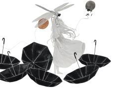 Rule 34 | 1girl, balloon, black umbrella, bug, dragonfly, dress, highres, holding, holding balloon, bug, insect on head, original, oversized insect, short sleeves, simple background, solo, standing, tembin 3, umbrella, white background, white dress, wide shot