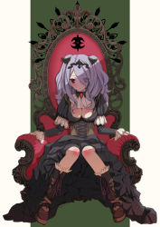 Rule 34 | 1girl, breasts, camilla (fire emblem), chair, cleavage, dress, eyes visible through hair, fire emblem, fire emblem fates, hair over one eye, kero sweet, long hair, nintendo, purple hair, red eyes, sitting, solo, aged down
