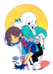 Rule 34 | 1boy, 1girl, black shorts, blue footwear, blue jacket, blue shirt, blue shorts, bone, boots, brown hair, closed eyes, flower, frisk (undertale), fur-trimmed jacket, fur trim, jacket, leaning forward, long sleeves, looking at viewer, pink footwear, sans (undertale), shirt, short hair, shorts, skeleton, smile, soseji (tjduswjd), striped clothes, striped shirt, sun, tongue, tongue out, undertale, white background, white flower