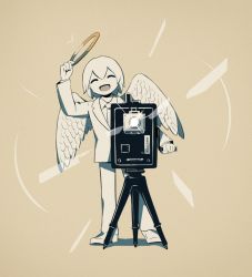 Rule 34 | 1boy, :d, angel, angel wings, avogado6, camera, colored skin, commentary request, feathered wings, halo, hand up, holding halo, jacket, male focus, necktie, open mouth, original, pants, shirt, shoes, smile, solo, tripod, white footwear, white hair, white jacket, white necktie, white pants, white shirt, white skin, white wings, wings