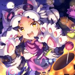 Rule 34 | 1girl, absurdres, animal hands, animal hat, bad id, bad pixiv id, bare tree, bat (animal), blonde hair, blush, candy, cat paws, cat tail, claws, commentary, dark, detached sleeves, dutch angle, food, full moon, halloween, halloween costume, hat, highres, ichiren namiro, jack-o&#039;-lantern, lollipop, looking at viewer, matsuri (halloween) (princess connect!), matsuri (princess connect!), midriff, moon, moonlight, night, open mouth, paw pose, princess connect!, short hair, solo, tail, thick eyebrows, tree, yellow eyes
