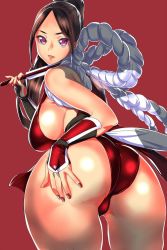 Rule 34 | 1girl, ass, ass grab, bare legs, breasts, curvy, fatal fury, foreshortening, grabbing own ass, high ponytail, highleg, highleg leotard, highres, huge ass, huge breasts, judge (oekaki), kunoichi, large breasts, leotard, leotard under clothes, looking at viewer, looking back, partially visible vulva, ponytail, shiny skin, shiranui mai, solo, thong leotard, wide hips